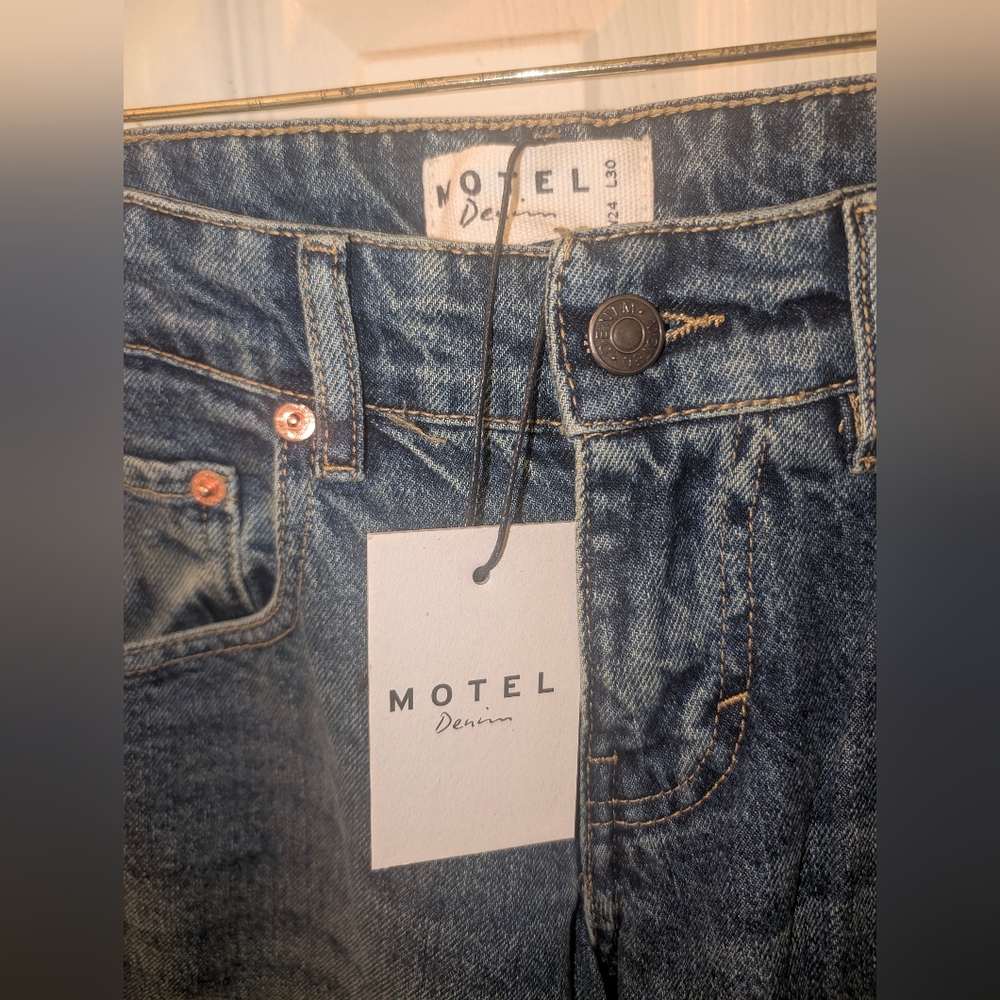 Motel Denim Women's Bright Blue Low Rise Parallel Wide Leg Jeans(NWT!) - Picture 2 of 6
